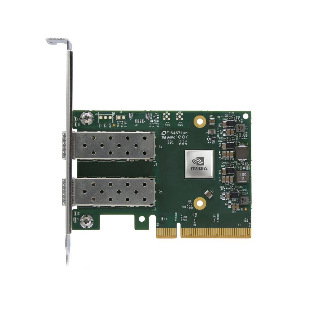 NVIDIA-Grafikexpansionskarte mit zwei Metallportabdeckungen und PCIe-Kantenverbinder auf weißem Hintergrund.