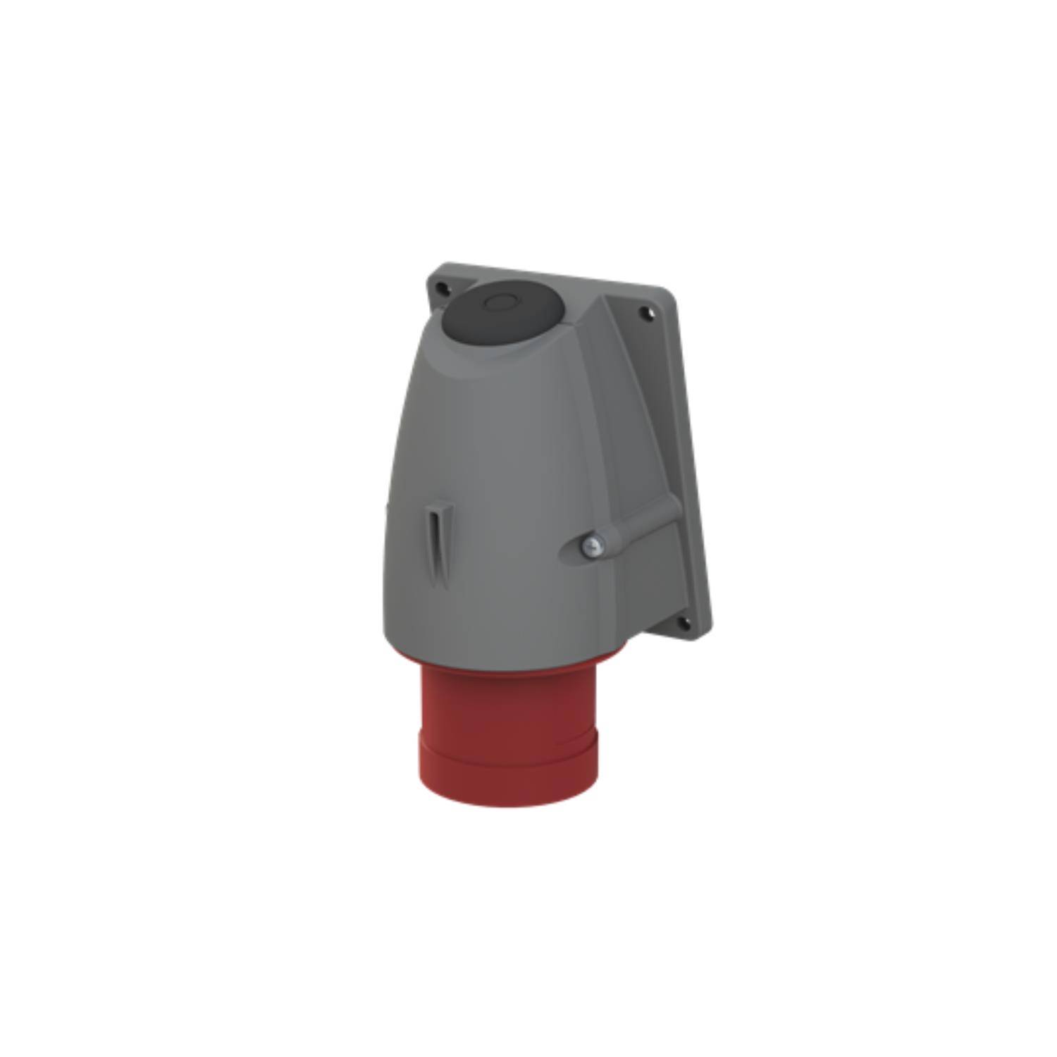 Eine graue und rote industrielle Wandsteckdose für Hochleistungsanschlüsse, in einer Seitenansicht dargestellt.