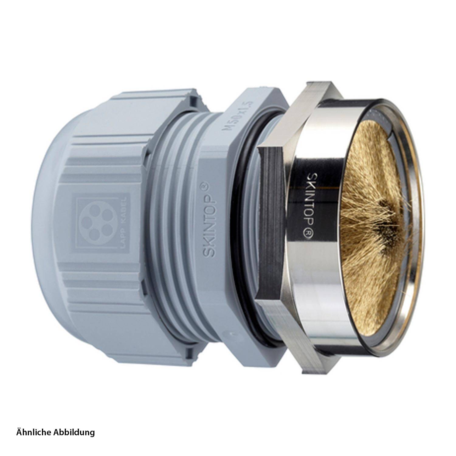 Eine Kabelverschraubung mit einem Metallgehäuse mit gebürsteter Innenseite, mit der Bezeichnung „SkiNtop