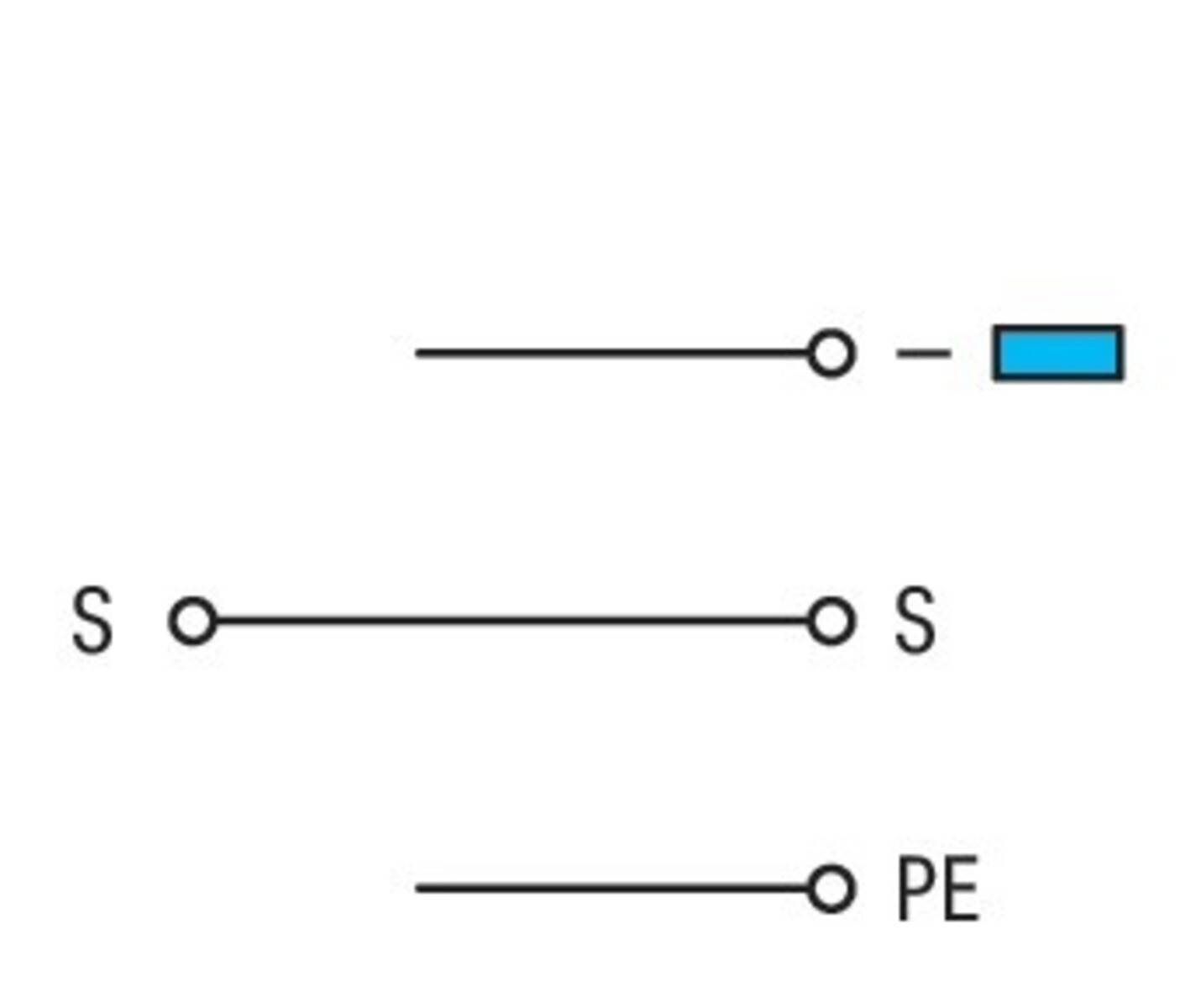 Diagramm mit drei Linien. Die obere Linie verbindet einen Kreis mit einem blauen Rechteck, beschriftet mit 'S'. Die mittlere Linie endet mit einem Kreis, beschriftet mit 'S'. Die untere Linie endet mit einem Kreis, beschriftet mit 'PE'.