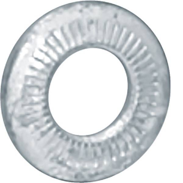 Eine silberne, kreisförmige Metallunterlegscheibe mit einem gerillten Oberflächenmuster.