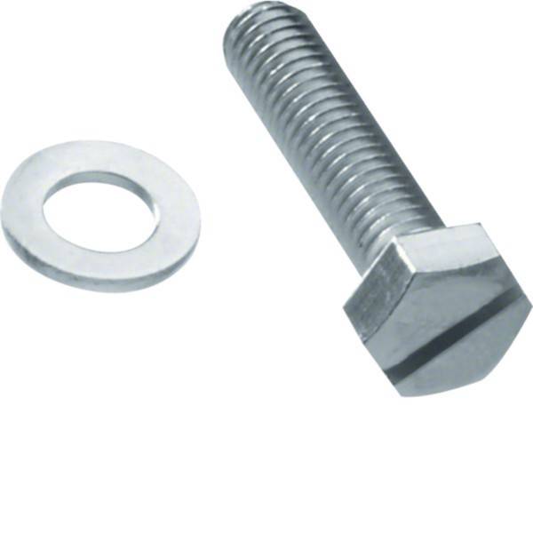 Eine Metallsechskantschraube und eine Unterlegscheibe werden auf einem einfarbigen weißen Hintergrund platziert. Die Schraube hat eine glänzende Oberfläche und grobe Gewindegänge.