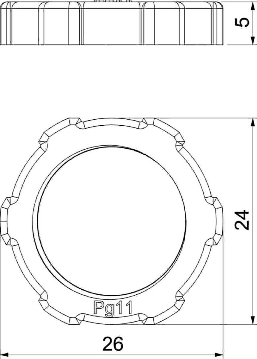 Technische Zeichnung eines Sechskantschrauben mit einem kreisförmigen Zentrum, beschriftet mit 'Pg11'. Der Durchmesser beträgt 24 Einheiten.
