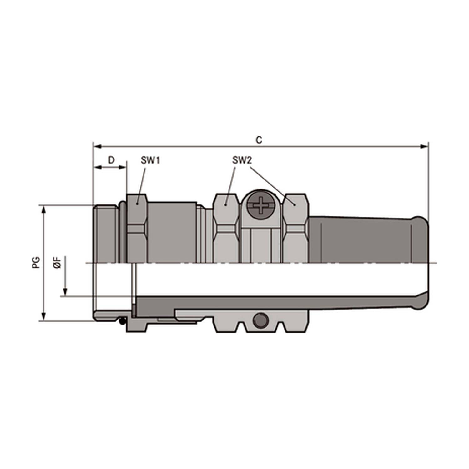 Diagramm eines hydraulischen Kopplungssteckers mit gekennzeichneten Abmessungen, das die Teile SW1, SW2, C, D, PG und GF zeigt.