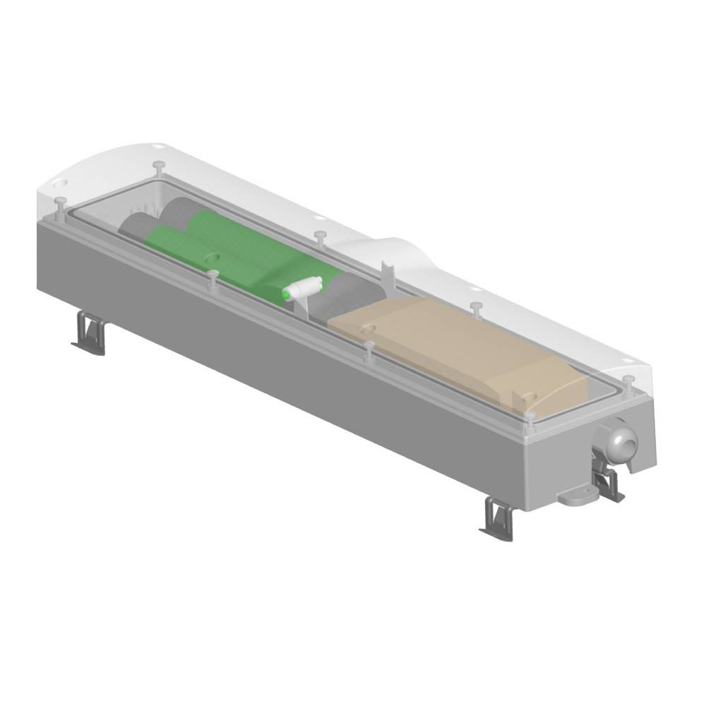 3D-Schnittdarstellung eines langen rechteckigen Industriegeräts mit transparenter Abdeckung oben, zeigt grüne und beige Komponenten im Inneren eines Metallgehäuses.