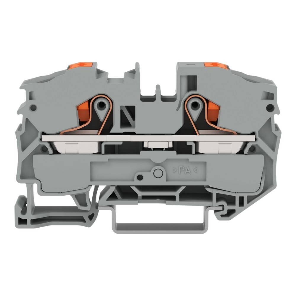 Querschnitt eines grauen elektrischen Anschlusskastens, der interne Komponenten und Verdrahtungsverbindungen mit sichtbaren Schraubenanschlüssen zeigt.