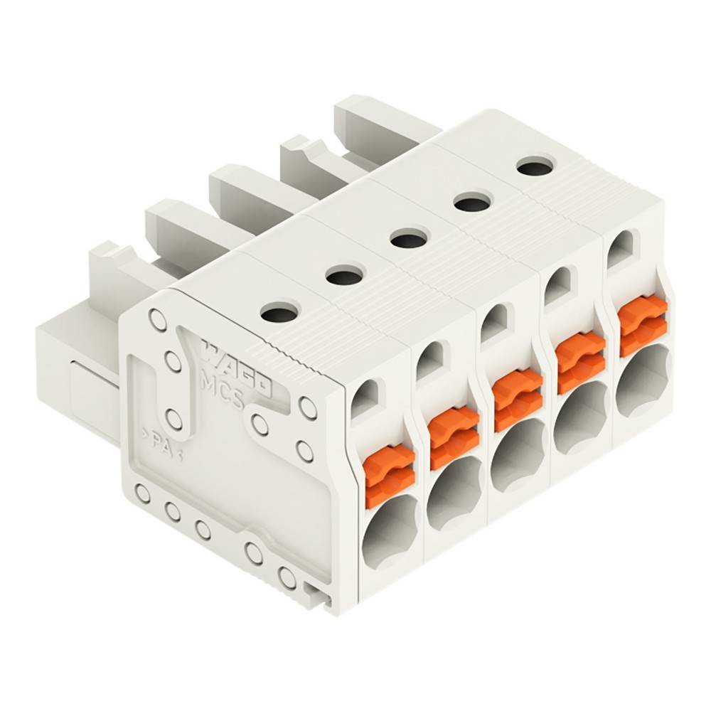 Fünfpolige elektrische Klemmleiste mit orangefarbenen Hebeln, die zum sicheren Anschluss von Drähten verwendet wird und die Sicherheit elektrischer Schaltkreise verbessert.