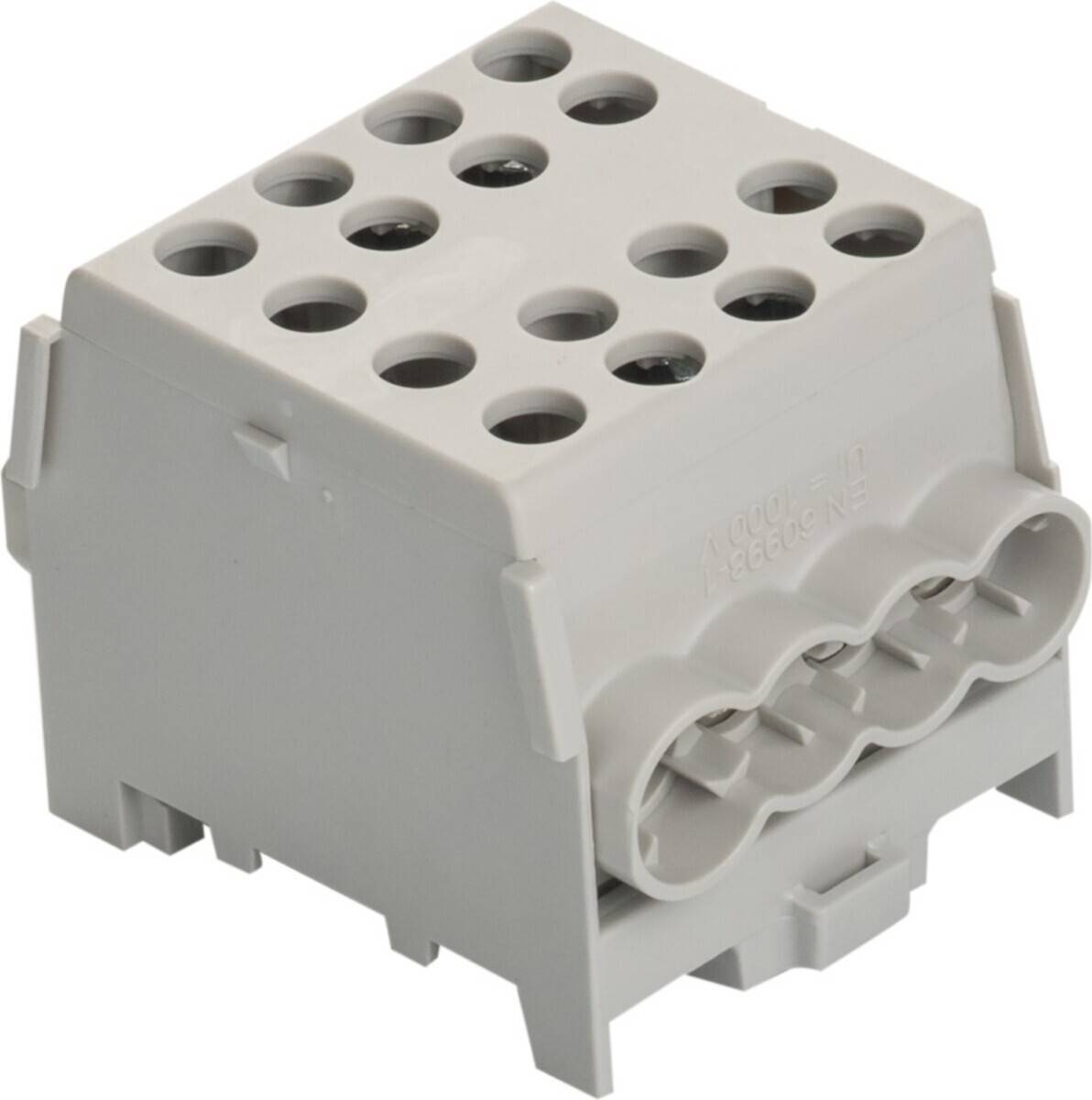 Ein grauer Kunststoff-Verbindungsblock mit mehreren kreisrunden Löchern und vier abgerundeten Öffnungen an einer Seite, der für elektrische Verbindungen verwendet wird.