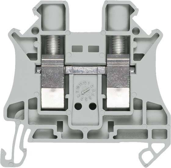 Ein grauer Plastik-Terminalblock mit Metallverbindern und Schrauben, entwickelt zum Befestigen von elektrischen Leitungen.