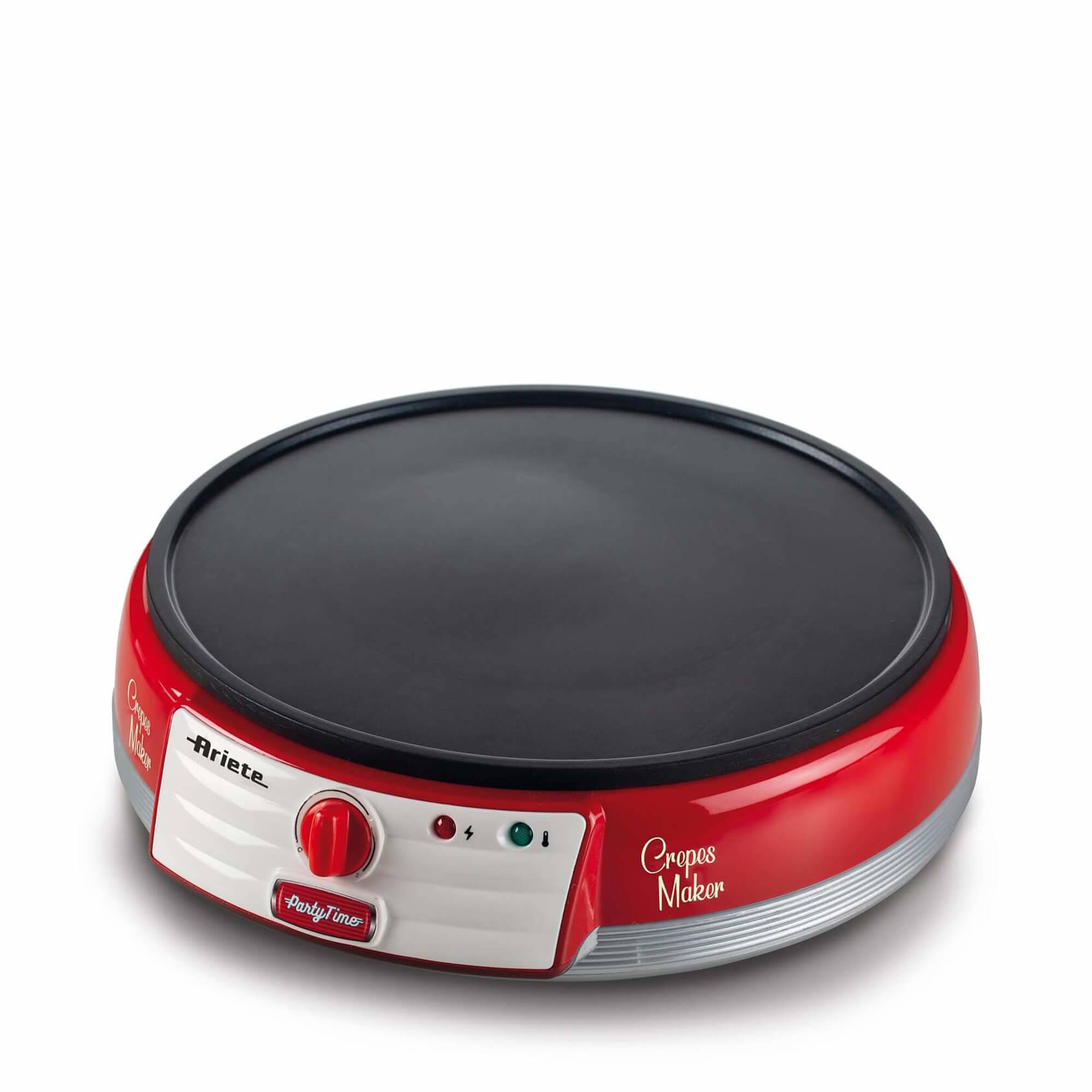 Rote elektrische Crêpe-Maschine mit rundem schwarzem Kochfeld, vorderem Bedienknopf und Kontrollleuchten auf weißem Hintergrund.