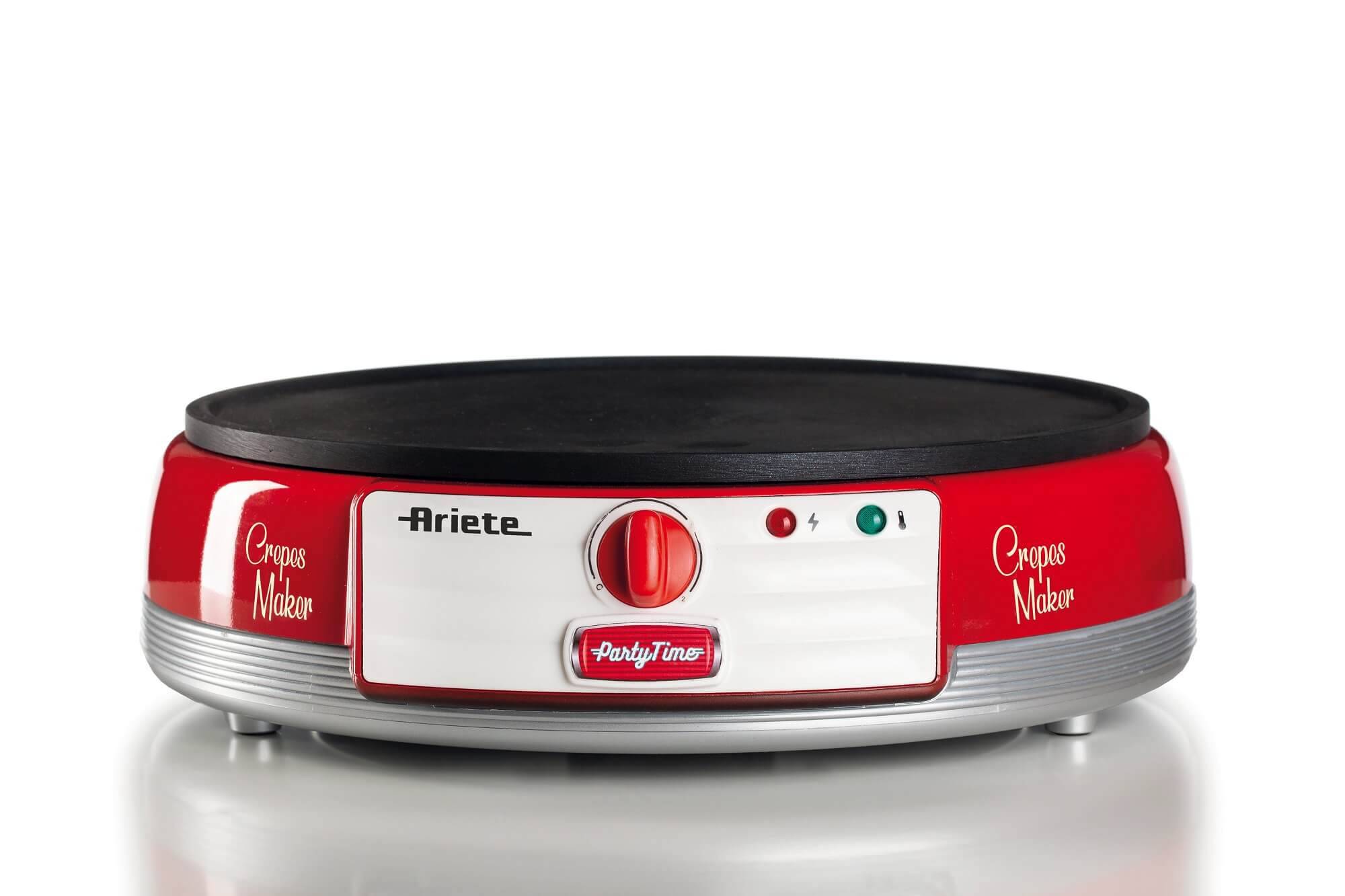 Red Ariete 'Party Time' Crêpes-Maker mit schwarzer Kochplatte und vorderem Bedienknopf, gezeigt auf weißem Hintergrund.
