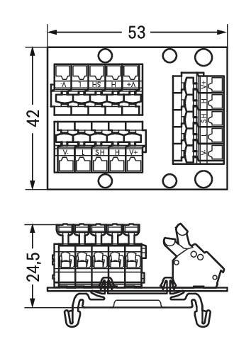 Elektrisches Schaltkreisdiagramm, das einen Klemmenblock mit beschrifteten Anschlüssen 'V-', 'S-', 'H-', 'S+', 'A' und 'V+' zeigt. Enthält Seitenansichtsmessungen von 24,5 mm Höhe und 42 mm Breite.