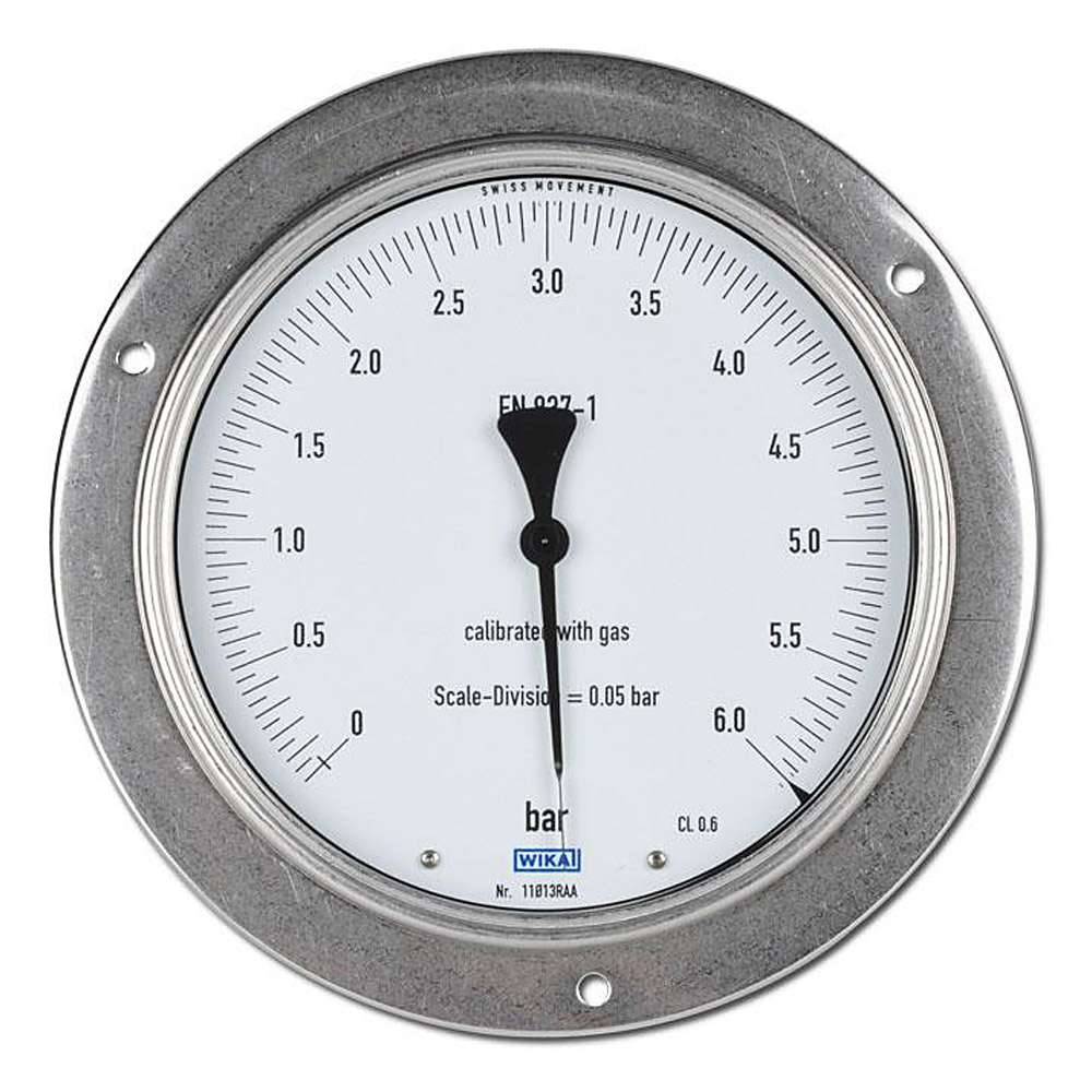 Analoges Druckmessgerät mit Anzeige von 0 bis 6 bar, Zeiger nahe bei 3 bar, mit WIKA-Etikett und EN 837-1-Kalibrierungstext.