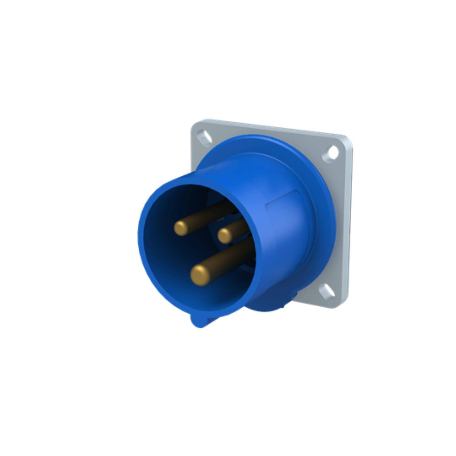 Eine blaue industrielle Stromsteckdose mit drei goldenen Stiften, die herausragen und für robuste elektrische Verbindungen in industriellen Umgebungen entwickelt wurde.