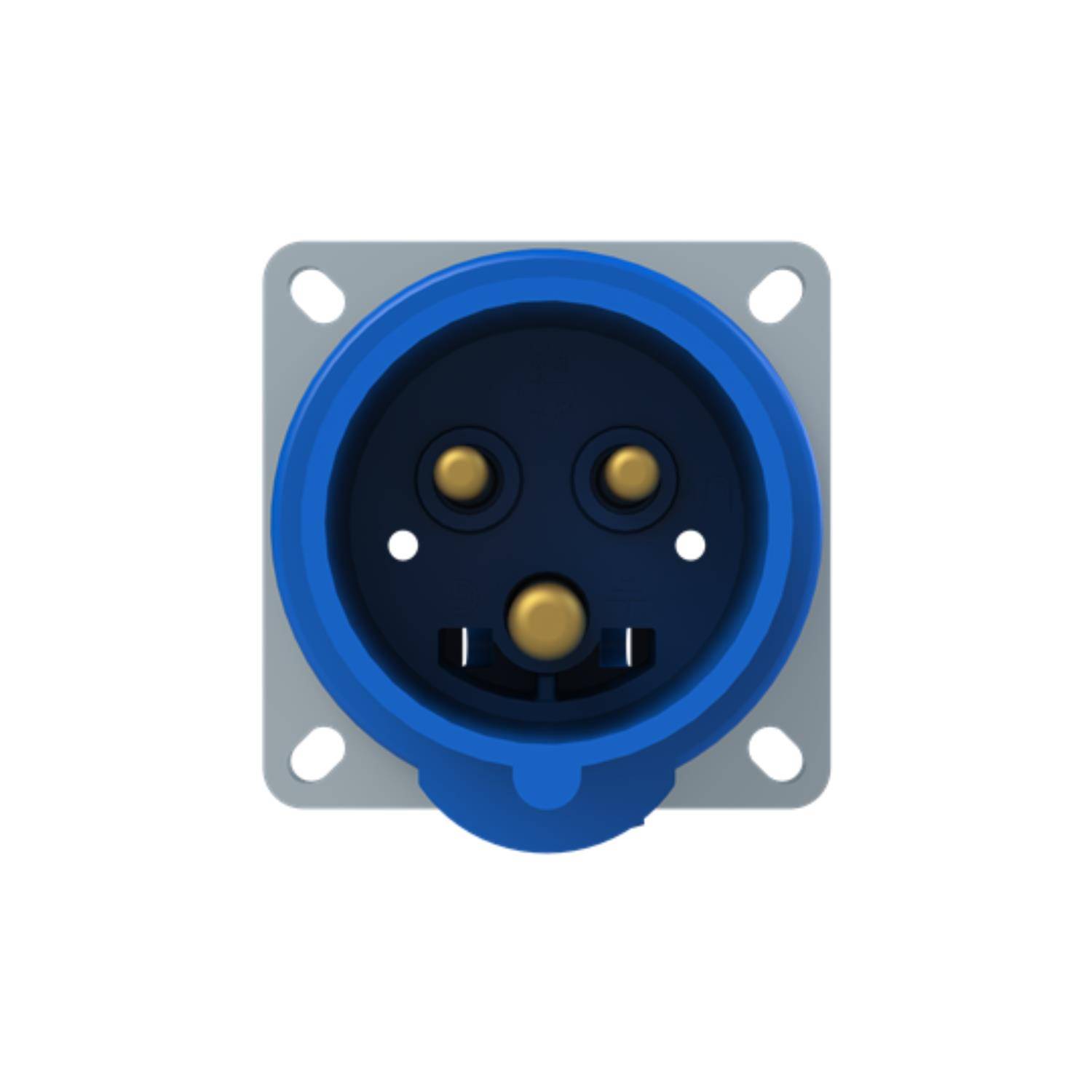 Eine blaue, runde industrielle Stromsteckdose mit drei Messingkontakten, konzipiert für robuste elektrische Verbindungen in industriellen Umgebungen.