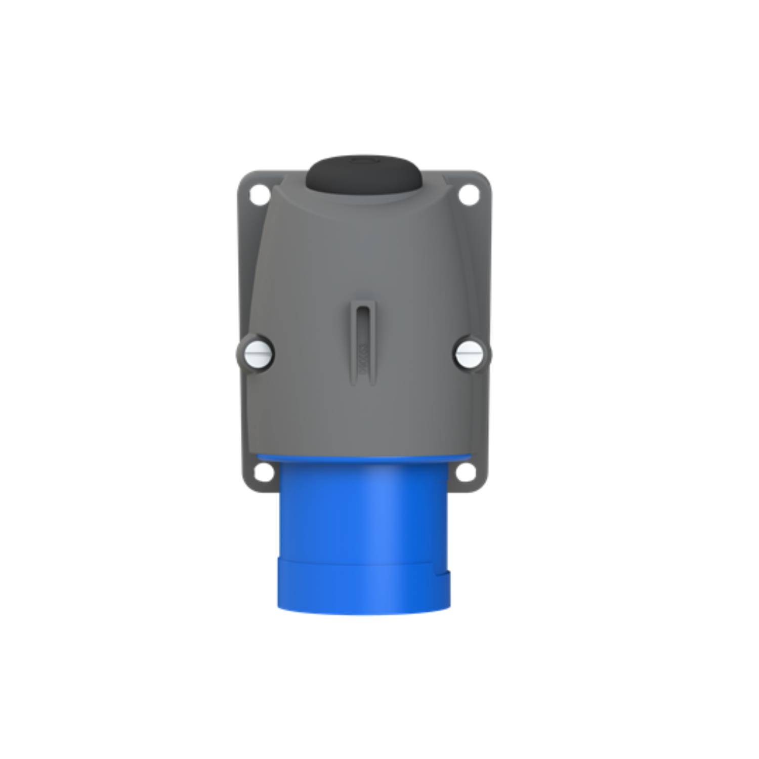 Eine blau und grau gefärbte, an der Wand montierte Steckdose für sichere Stromverbindungen, ausgestattet mit einer Schutzabdeckung und zwei sichtbaren Befestigungsschrauben.