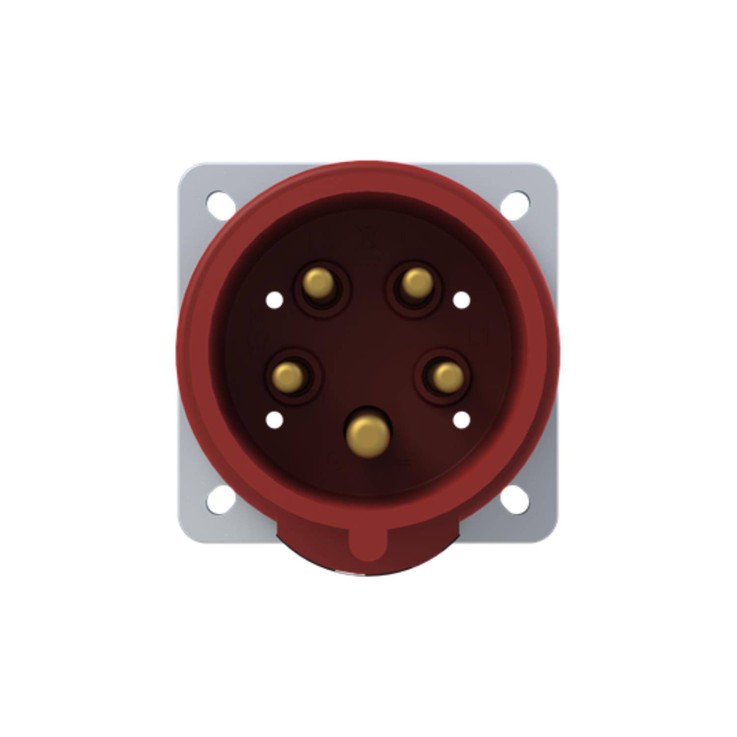 Eine rote Industriesteckdose mit fünf runden Löchern, die zum Anschluss schwerer elektrischer Geräte verwendet wird.