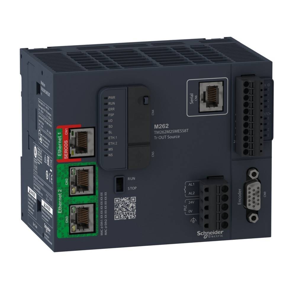 Schneider Electric M262 Logic/Motion Controller mit mehreren Ethernet-Ports und Anschlüssen, entwickelt für industrielle Automatisierung.