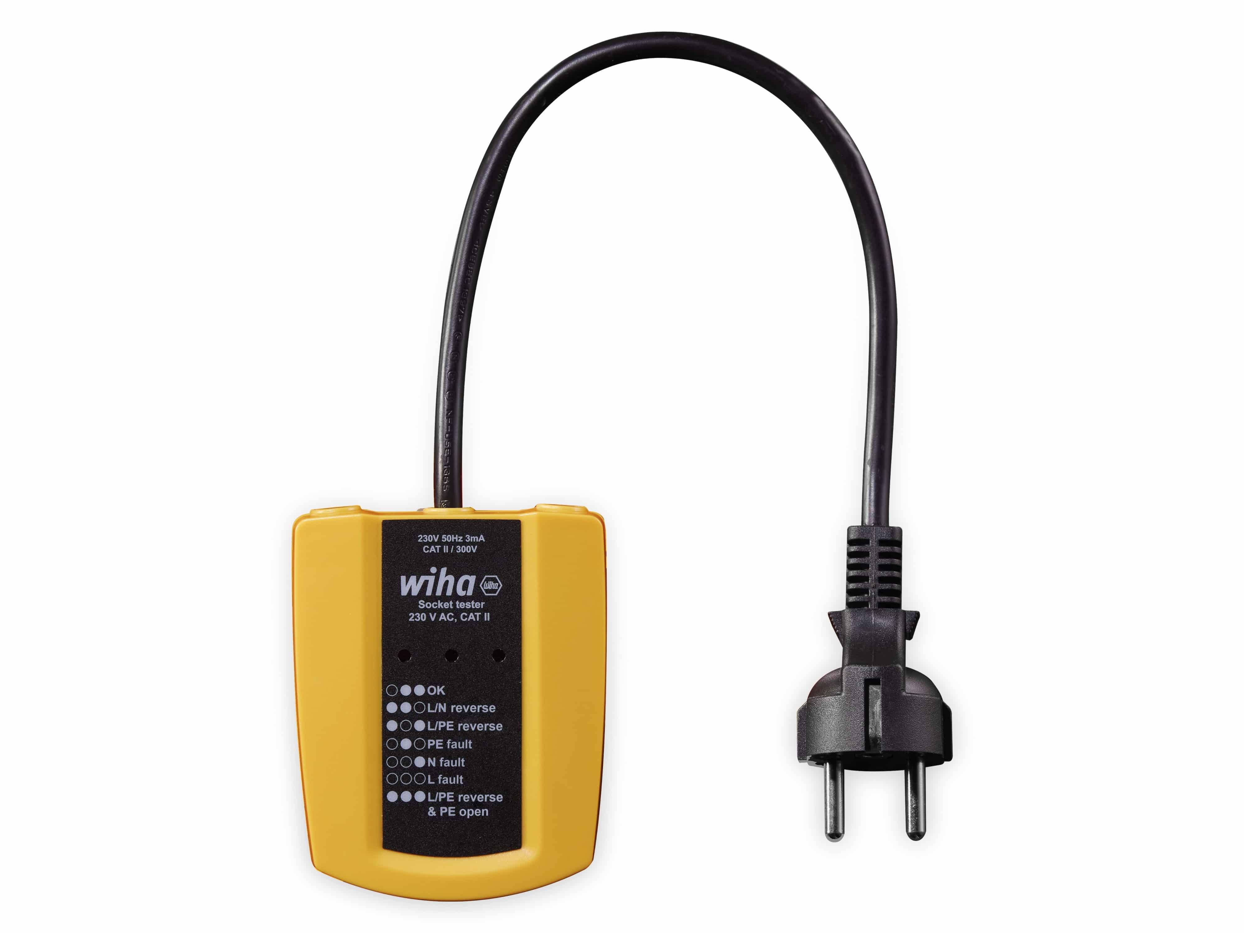 Wiha Socket Tester' mit gelbem Gehäuse und schwarzem Stecker, verwendet zum Überprüfen der Elektrosteckdosen-Verdrahtung. Mit beschrifteten Anzeigelampen.