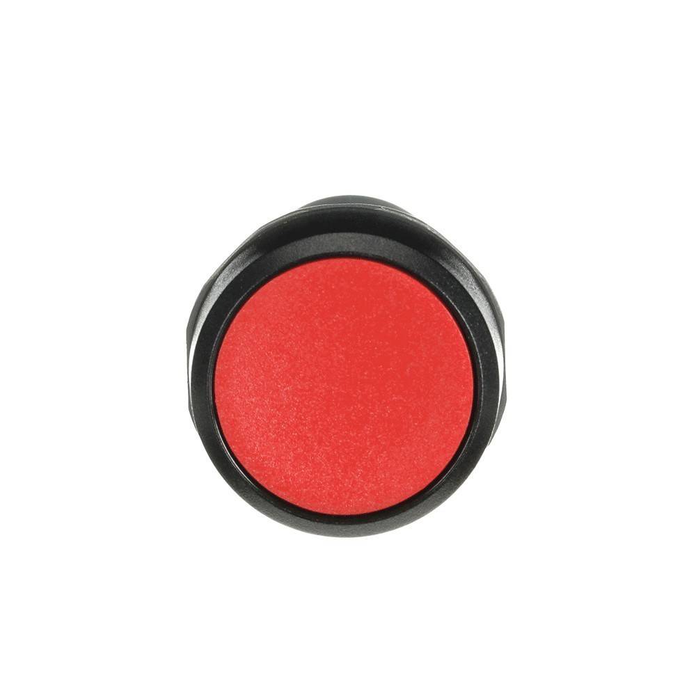 Roter Druckknopf mit schwarzem äußeren Ring, von oben betrachtet.