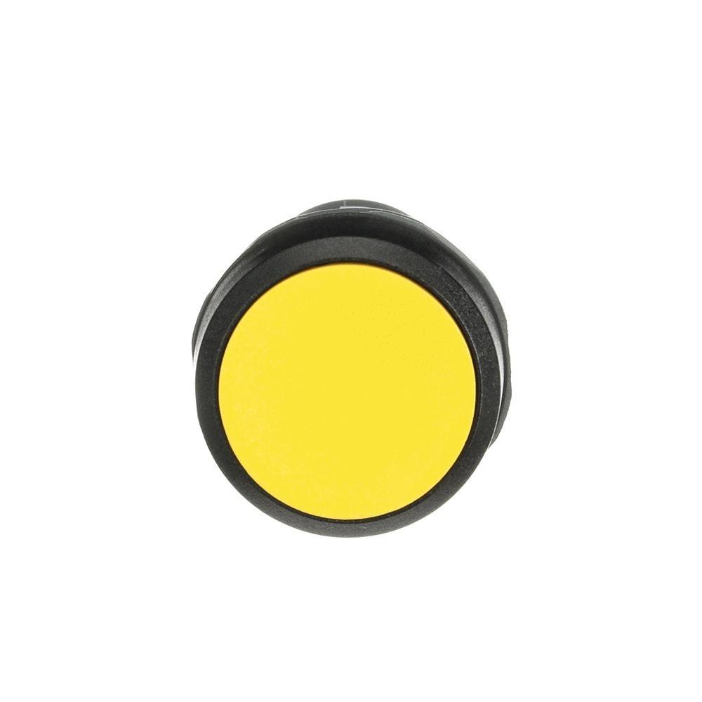 Ein rundes gelbes Knopf mit einem schwarzen Rand.