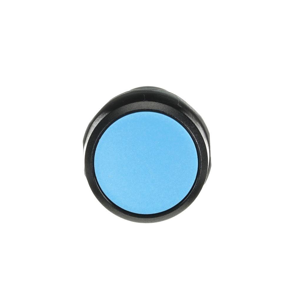 Ein runder, schwarzer Knopf mit einer leuchtend blauen Oberfläche, von oben betrachtet.