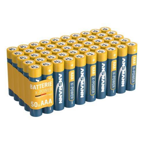 50er AAA-Batterien Pack' mit Ansmann-Marke, Modell X-Power. Das Pack zeigt 50 Batterien in kompakter Anordnung.