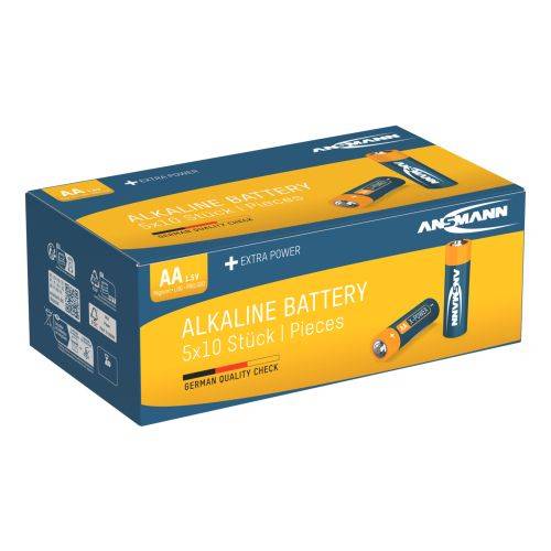 Packung Ansmann AA 1,5V Alkaline-Batterien, beschriftet mit 'Extra Power' und 'German Quality Check', enthaltend 50 Stück.