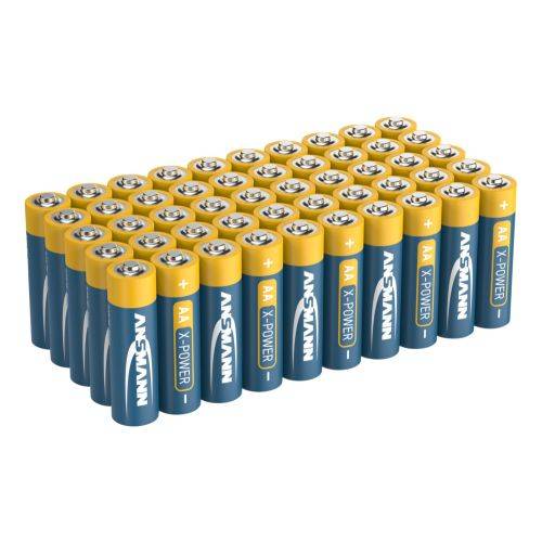Packung mit 40 AA-Batterien mit blau-gelbem Design, gekennzeichnet als „X-Power
