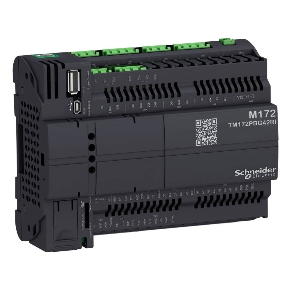 Programmierbarer Logikcontroller mit zahlreichen Anschlüssen und Steckverbindern, gekennzeichnet als 'Schneider Electric M172 TM172PBG42R1.