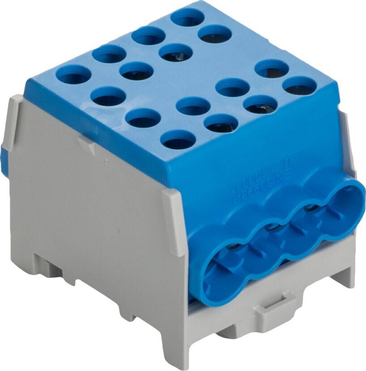 Ein elektrischer Anschlussblock mit mehreren Anschlusspunkten in blau-grauer Ausführung, der zum Organisieren und Sichern von Drahtverbindungen verwendet wird.