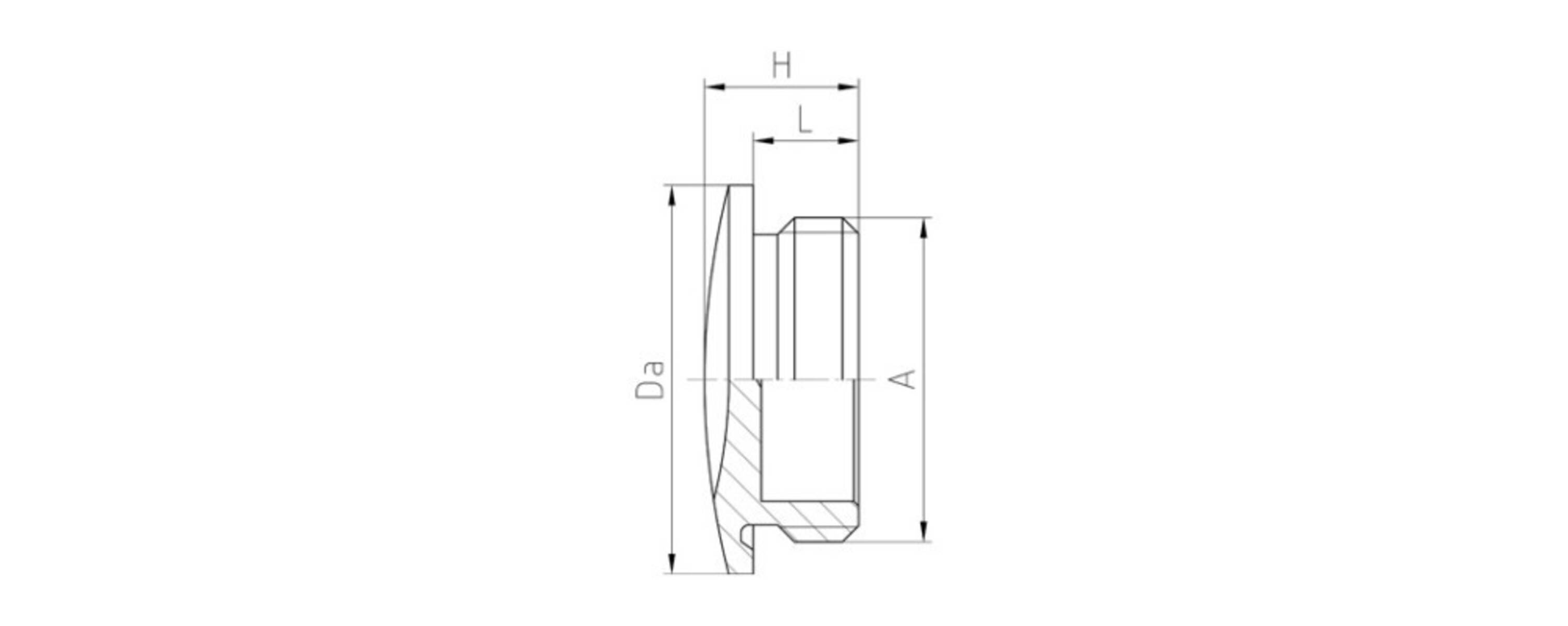 Technische Zeichnung einer mechanischen Komponente mit beschrifteten Abmessungen: H, L, A, Da. Querschnittsansicht zeigt interne und externe Merkmale.