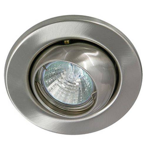 Eine in die Decke eingelassene Leuchte mit metallischer Oberfläche, die einen verstellbaren runden Rahmen besitzt, der eine Glühbirne mit reflektierender Oberfläche trägt.