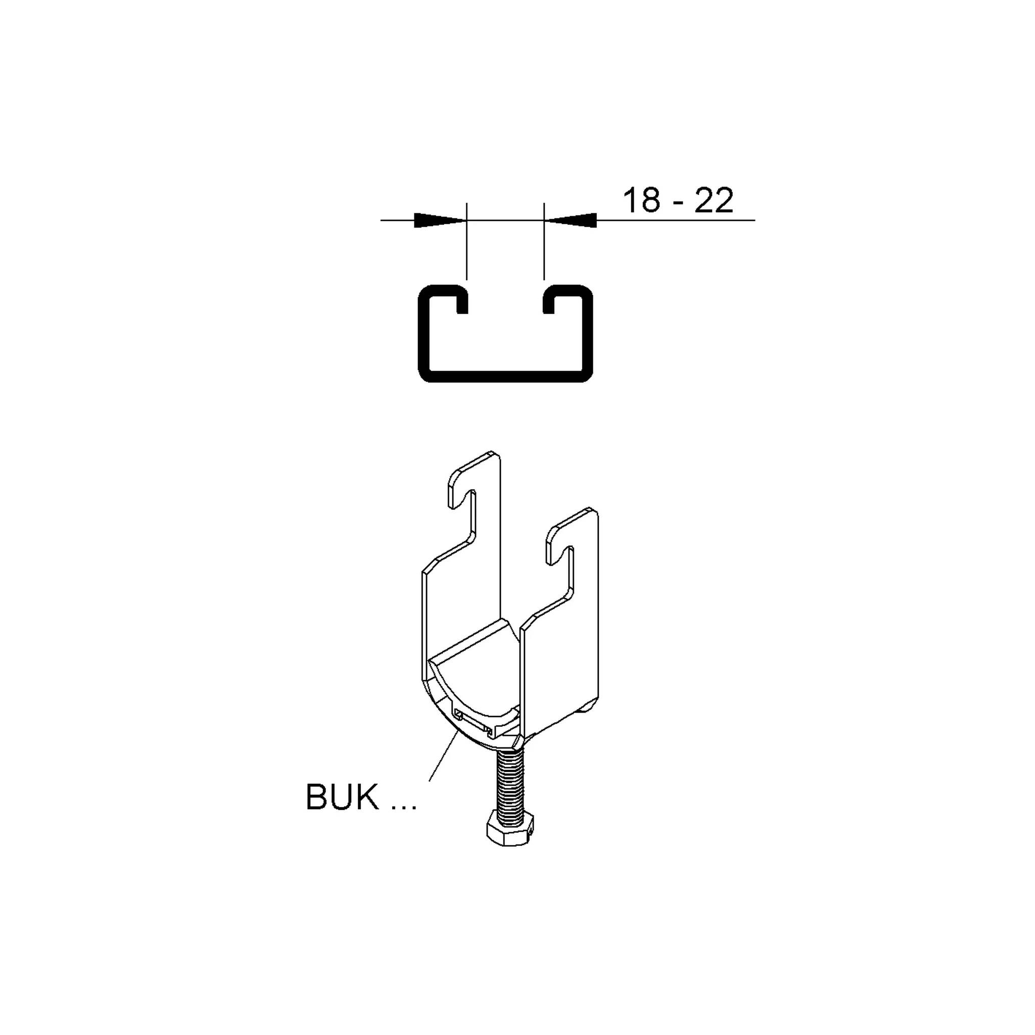 Diagramm eines U-förmigen Clips mit Breite 18–22 über einer mit „BUK
