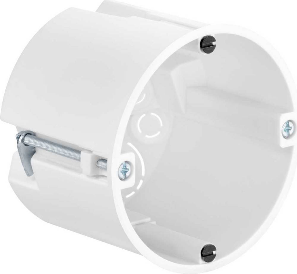 Eine weiße runde elektrische Aufputzdose mit drei Befestigungslöchern und interner Montagehardware, die für die Installation in Wänden oder Decken konzipiert ist.