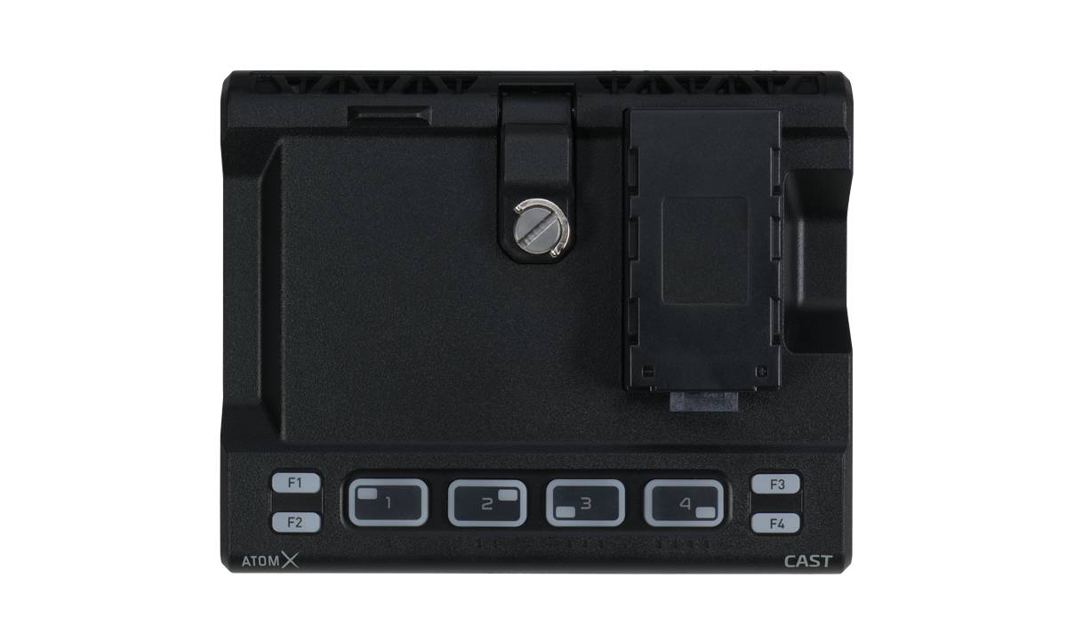 Black Atom X CAST Kamerakontrollgerät mit vier nummerierten Tasten, Funktionstasten F1-F4 und einem aufgesetzten Modul oben.