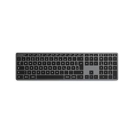 Schwarze Computer-Volltastatur mit Zahlencpad auf weißem Hintergrund.