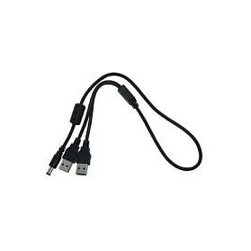 Schwarzes USB-Ladekabel mit drei Anschlüssen, einschließlich zwei USB-A-Stecker und einem kleinen Gerätekonnektor auf weißem Hintergrund
