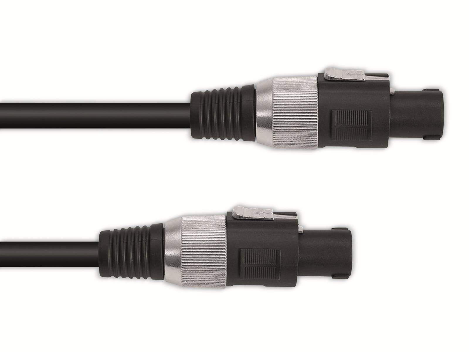 Zwei schwarze Audiokabel mit silbernen Steckern, horizontal angeordnet, zeigen männliche und weibliche Enden für Verbindungszwecke.