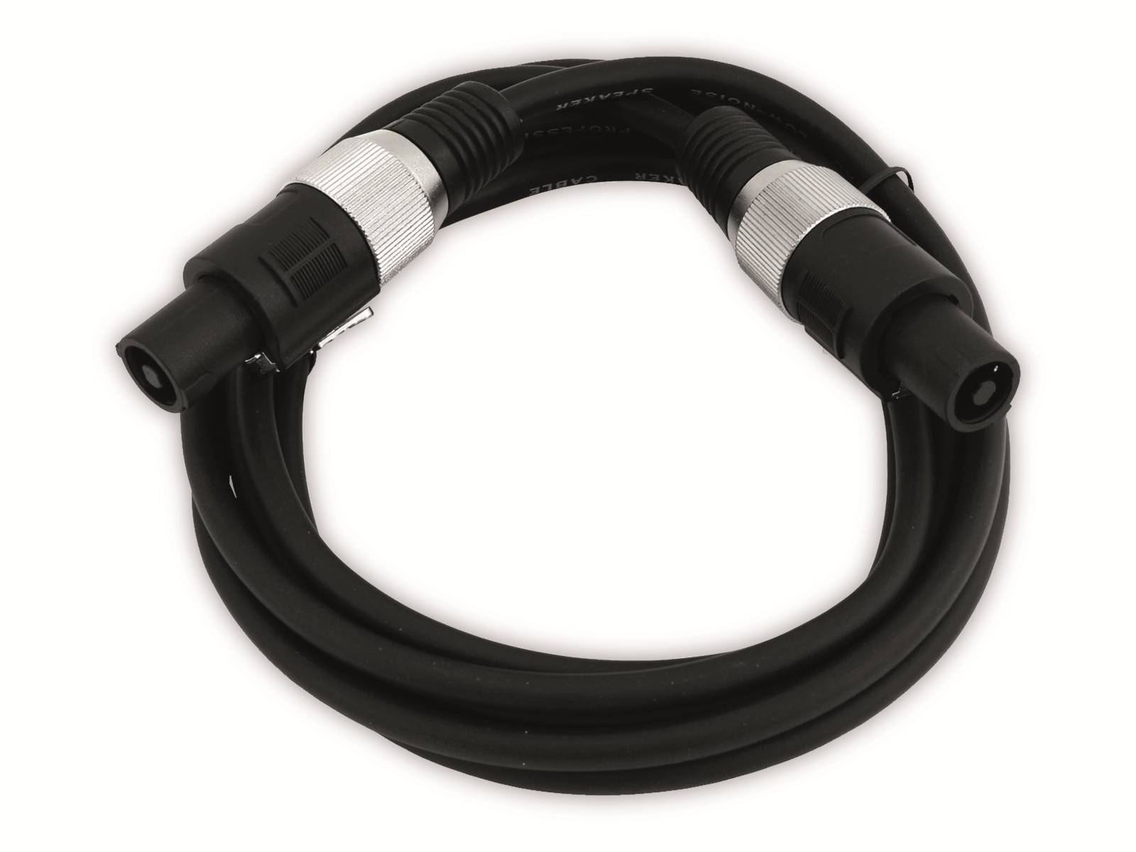 Ein aufgerolltes schwarzes Audiokabel mit Metallverbindern an beiden Enden, das zur Übertragung von Ton zwischen Geräten verwendet wird.