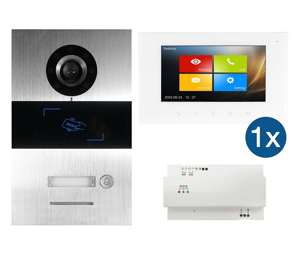 Gegensprechanlage mit Kamera, Touchscreen-Display und Montagezubehör. Der Bildschirm zeigt 'Desktop' mit Optionen wie 'Monitor' und 'Nachricht'.