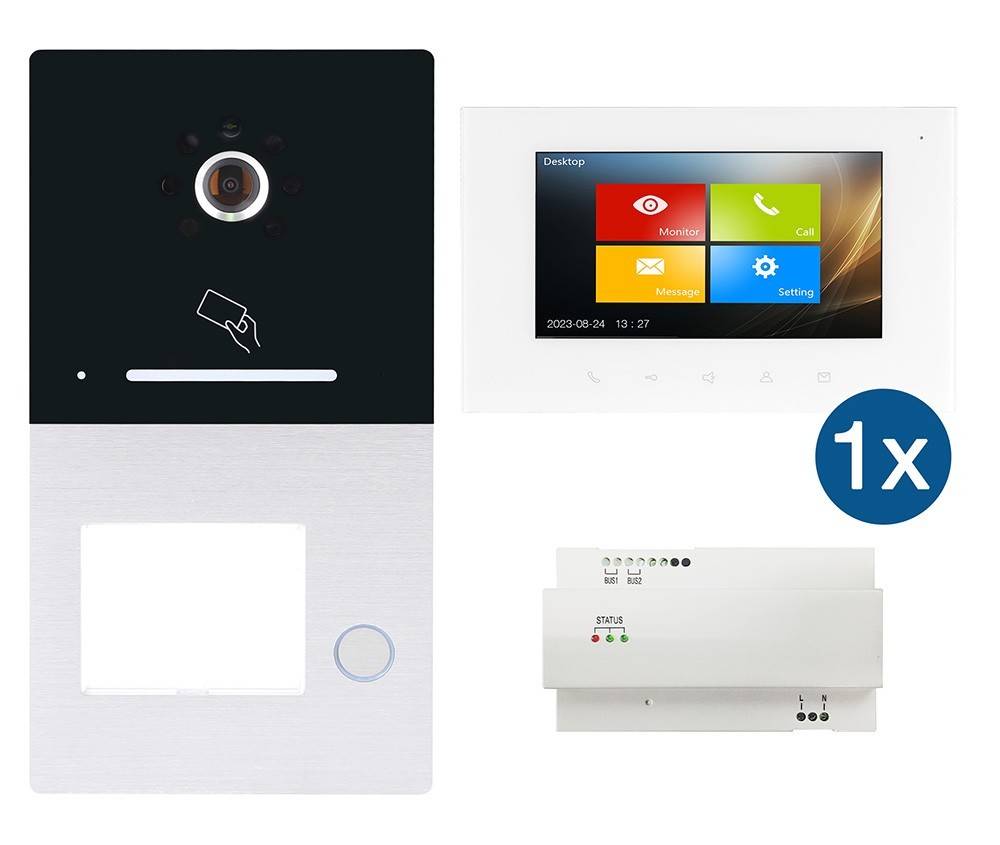 Türklingel-Anlage mit Kartenleser, Kamera und Bildschirmanzeige für Videoanrufe und Einstellungen. Enthält Gerät und Montagezubehör.
