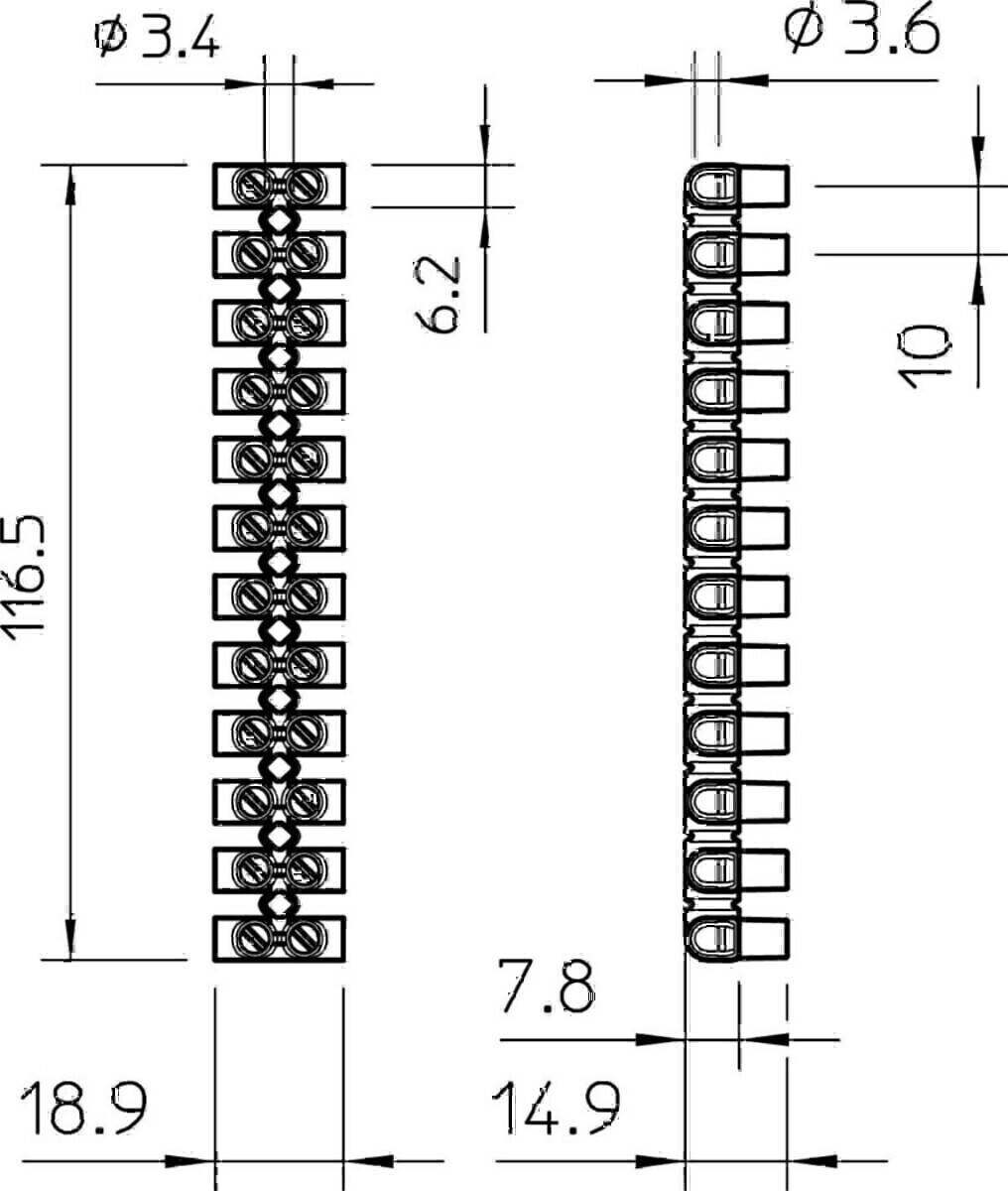 Technische Zeichnung eines Verbindungssteckers mit 12 Pins, Darstellung von Vorder- und Seitenansicht. Abmessungen: 116,5 mm Länge, 10 mm Breite, 7,8 mm Tiefe zwischen den Pins.
