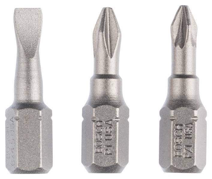 Drei Schraubendreher-Bits sind vertikal ausgerichtet: ein Schlitzschraubendreher-Bit, ein Kreuzschlitz-Bit und ein Torx-Bit. Jeder ist mit 'Bosch USA' graviert.