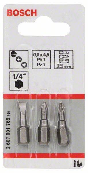 Ein Set aus vier Schraubendreher-Bits in Verpackung, das Typ- und Größendetails zeigt: Schlitz-, Kreuzschlitz- und zwei weitere Designs, jeweils 25 mm lang.