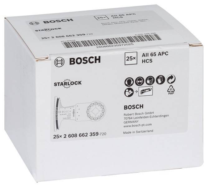 Bosch-Klingen-Box mit 'Starlock'-Logo und '25x'-Etikett für Modell All 65 APC HCS, inklusive Produkt- und Unternehmensdetails.