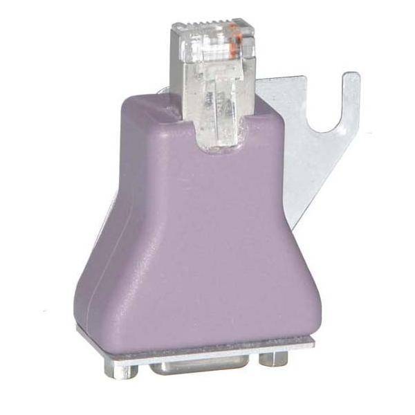 RJ45-Terminator mit violettem Gehäuse und Metallclip, verwendet für Netzwerkverbindungen.