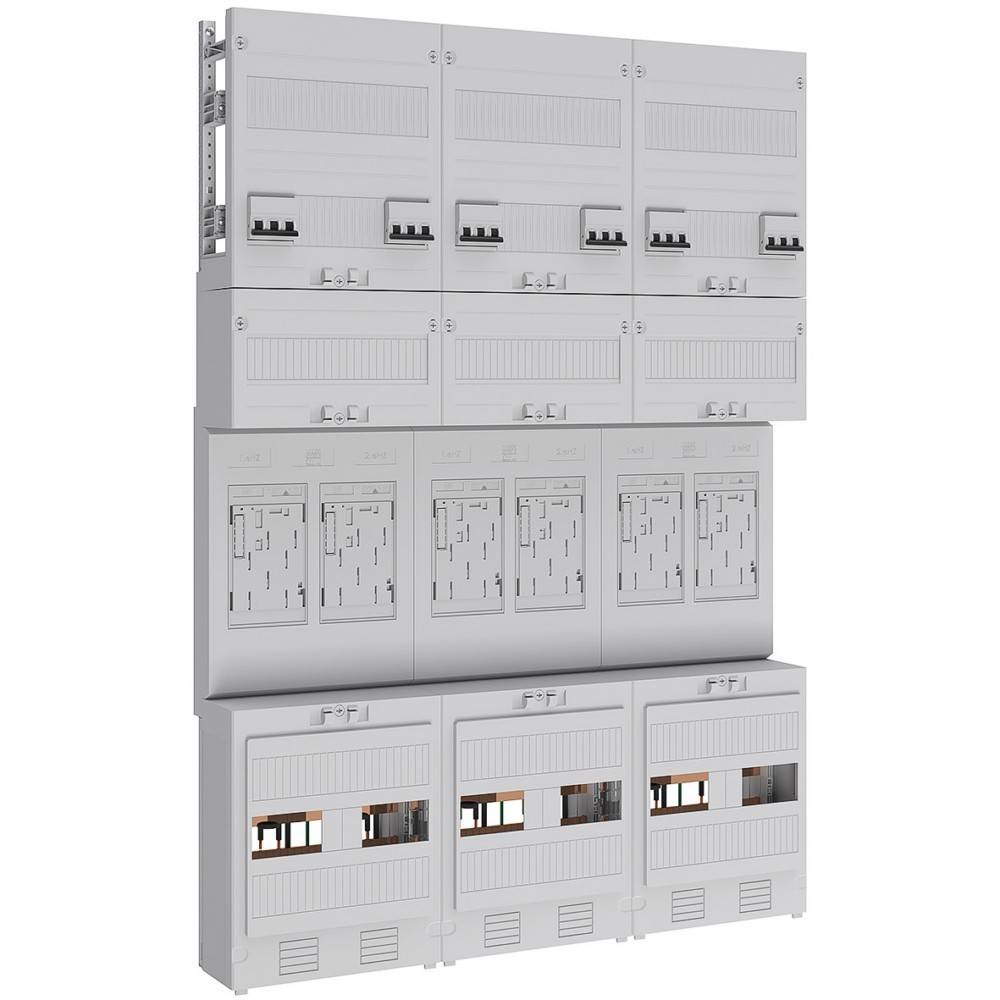 Ein großes, modulares elektrisches Verteilerschaltpult mit mehreren Sicherungsschächten und transparenten Abdeckungen, konzipiert für die Stromverteilung in einem Gebäudesystem.