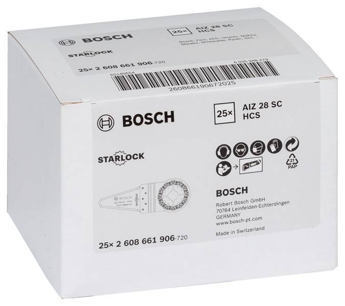 Schachtel mit Bosch Starlock AIZ 28 SC Klingen, 25-teiliges Set, hergestellt in der Schweiz. Verpackung zeigt Produktdetails und Firmeninformationen.