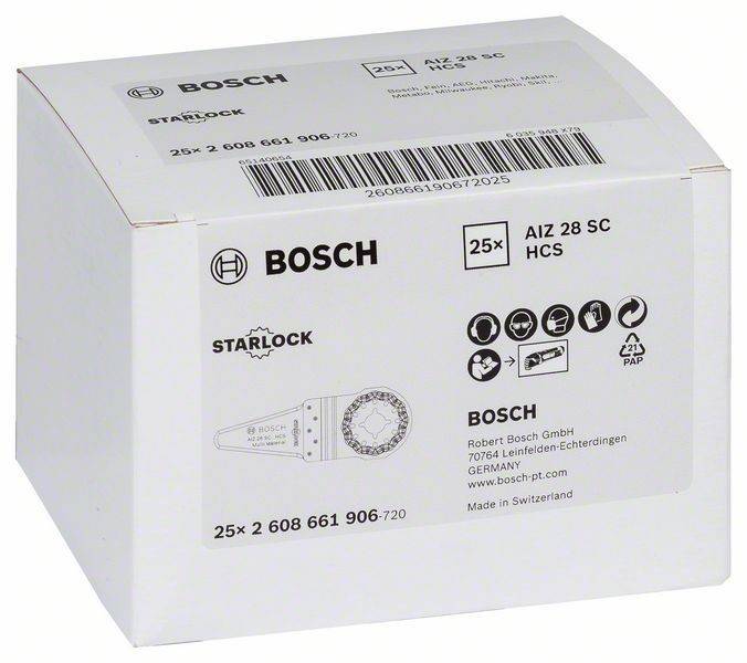Verpackung von Bosch Starlock-Klingen, Modell AIZ 28 SC HCS, 25 Stück. Enthält Logos und Produktinformationen, einschließlich Barcode und Kontaktdetails.